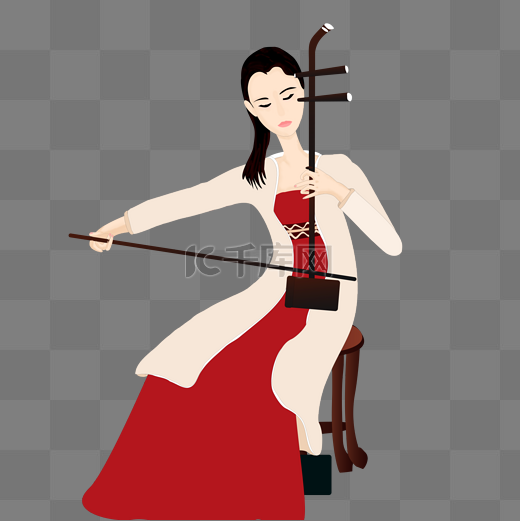 中国古典乐器之拉二胡的少女手绘免抠矢量分层高清图图片