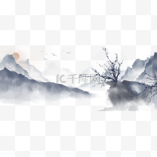 中国风手绘水墨风景山水画图片
