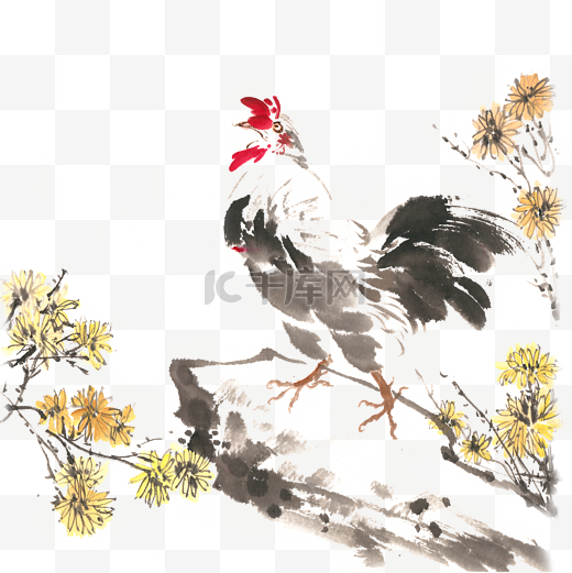 岩石上的雄鸡水墨画PNG免抠素材图片