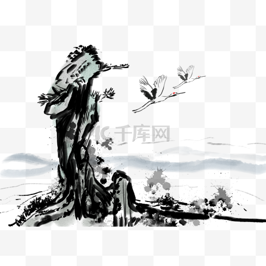 古树假山中国风水墨背景图片