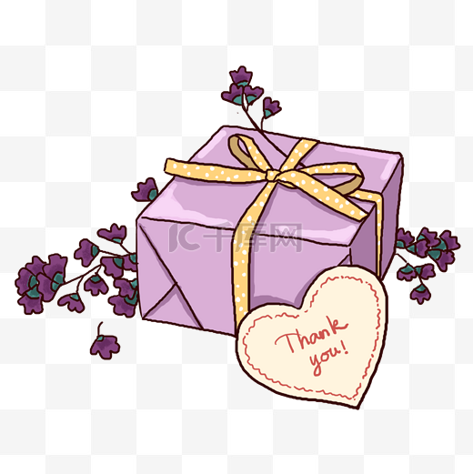 手绘紫色文艺礼盒和干花PNG免抠素材图片