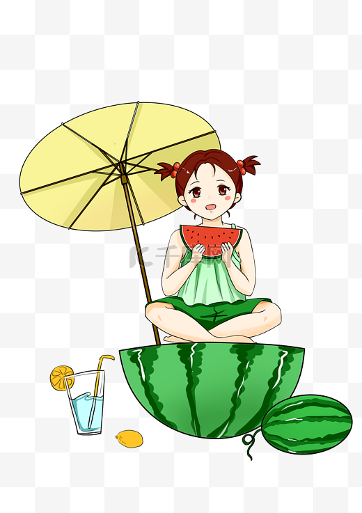夏季小暑吃西瓜女孩插画图片