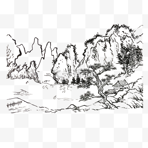 国画山水白描东方意境PNG图片