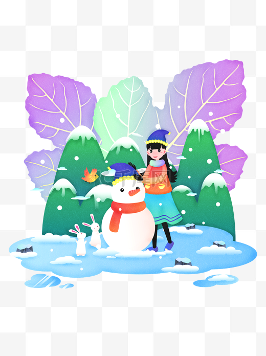 二十四节气小雪之女孩堆雪人商用元素图片
