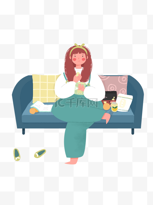 手绘卡通坐在沙发上翘着二郎腿吃零食的美女图片