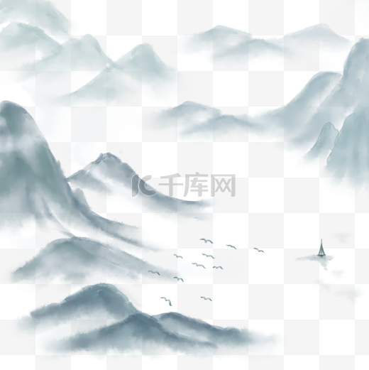中国风山水水墨高山叠山小船飞雁图片
