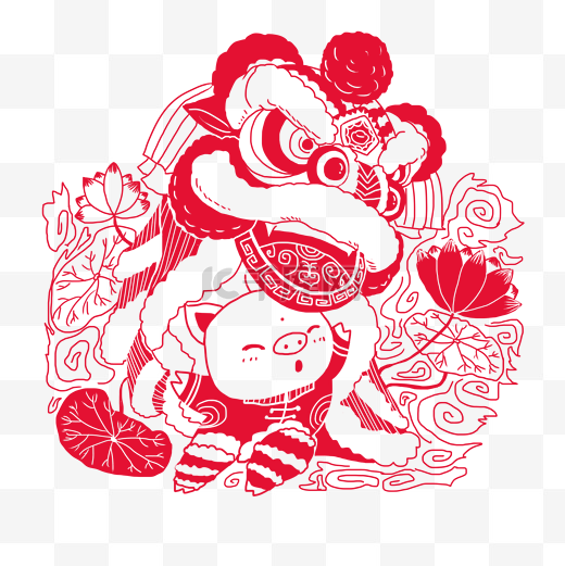 2019中国风春节猪年卡通猪福娃舞狮剪纸图片