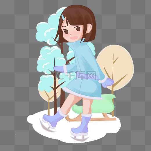 手绘冬季冰雪节滑冰女孩插画图片