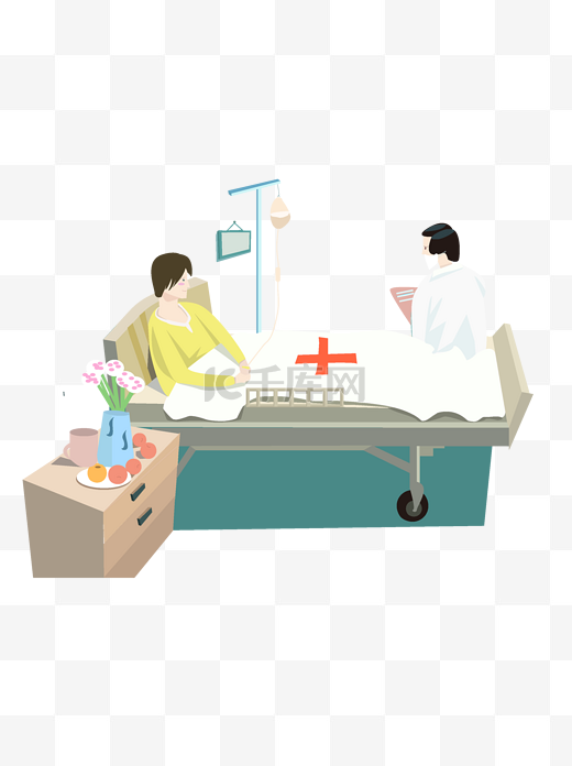 手绘卡通医院病房中的医生查房病床上的病人可商用元素图片