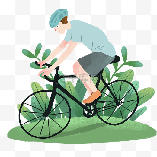 运动健身户外骑单车的男孩手绘插画图片