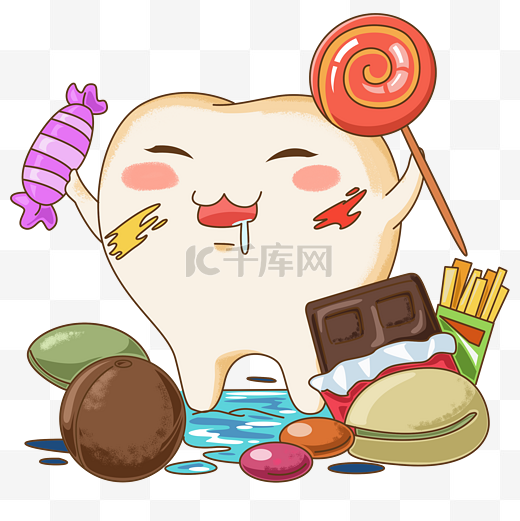 爱牙日卡通牙齿形象之贪嘴吃糖的牙牙图片