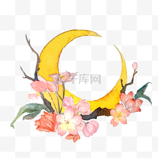 唯美樱花粉色PNG月亮花卉水彩图片
