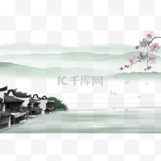 中国风水墨桃花落花水岸民居元素图片