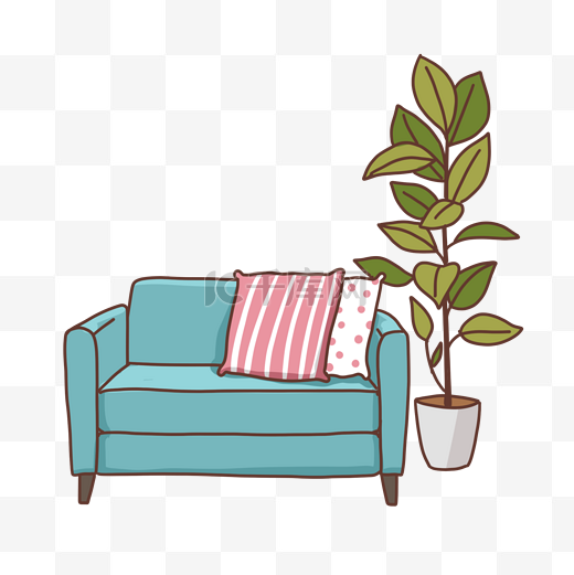 沙发和植物盆栽插图PNG免抠素材图片