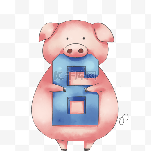 粉色的小猪和数字6插画图片