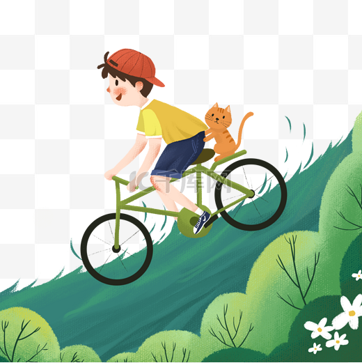 手绘在山坡上骑车的男孩图片
