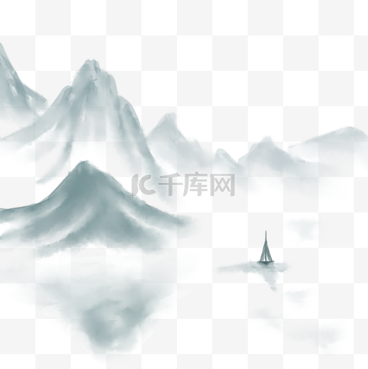 中国风山水水墨巍峨山峰流水小船图片