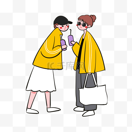 手绘卡通矢量简约3.8女生节穿黄色外套的闺蜜图片