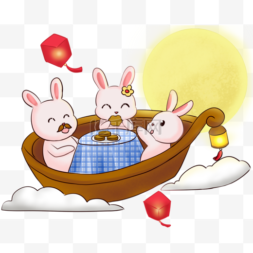 中秋节可爱兔子坐船赏月png透明底图片
