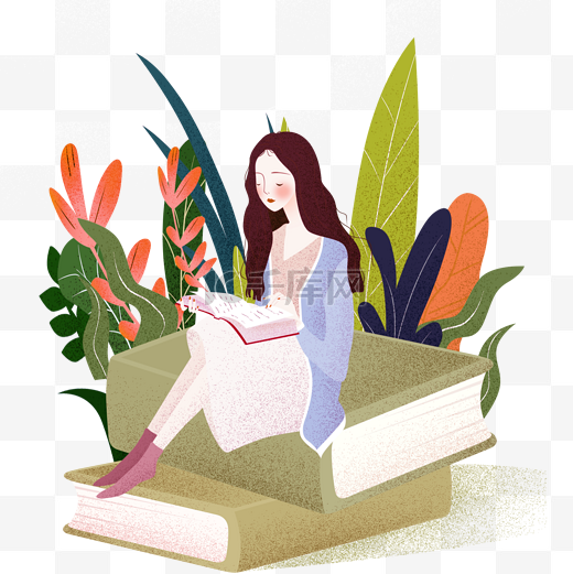 缤纷色彩女生坐在书上看书教育类型肌理插画图片