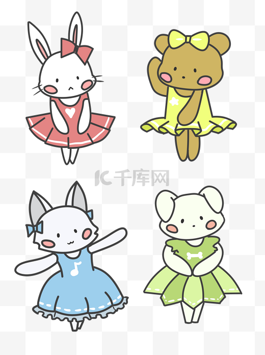卡通可爱穿裙子的小动物兔子猫咪小熊可商用元素图片
