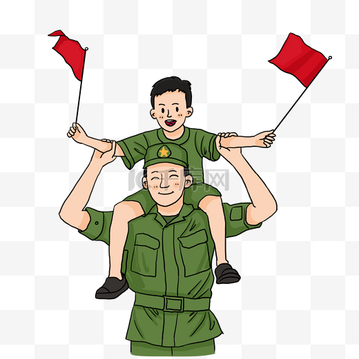 国庆节大士兵和小士兵手拿红旗欢度国庆插画图片