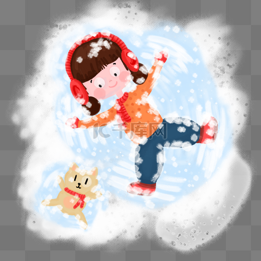 冬天冬季女孩猫咪户外雪地玩耍手绘插画图片
