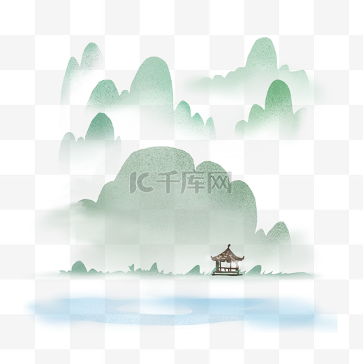 中国风青山云烟小亭江水古风风景画图片