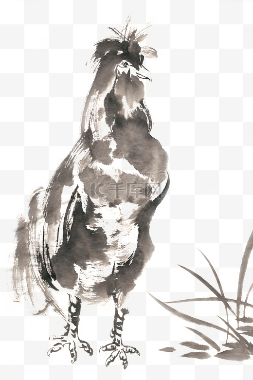 站立的雄鸡水墨画PNG免抠素材图片