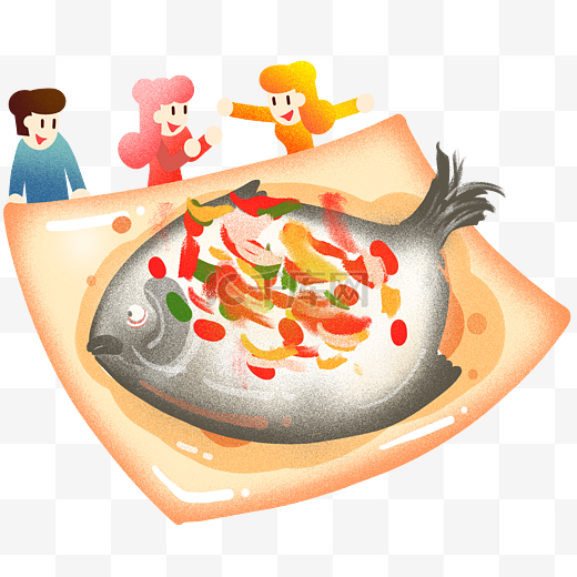 年夜饭清蒸鱼插画图片