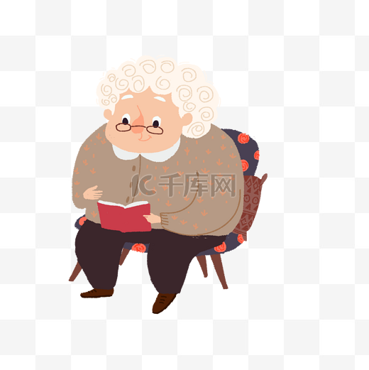 卡通插画看书的老人免抠图片