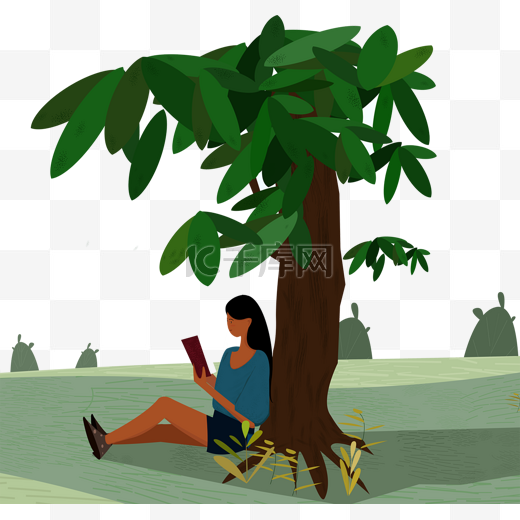 坐在树下读书的女孩图片