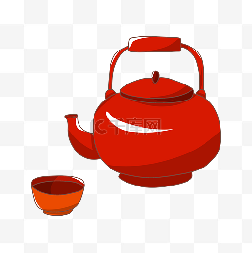 卡通红色茶壶茶碗插画图片