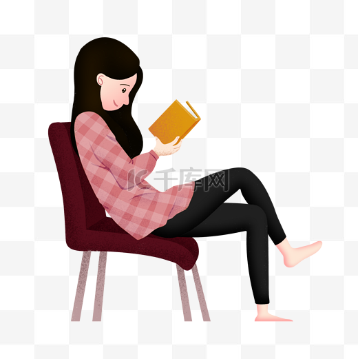 卡通手绘坐在椅子看书的女生图片