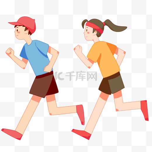 卡通手绘男孩和女孩跑步健身图片