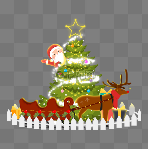 手绘圣诞节亮闪闪圣诞树圣诞老人及麋鹿拉车插图图片