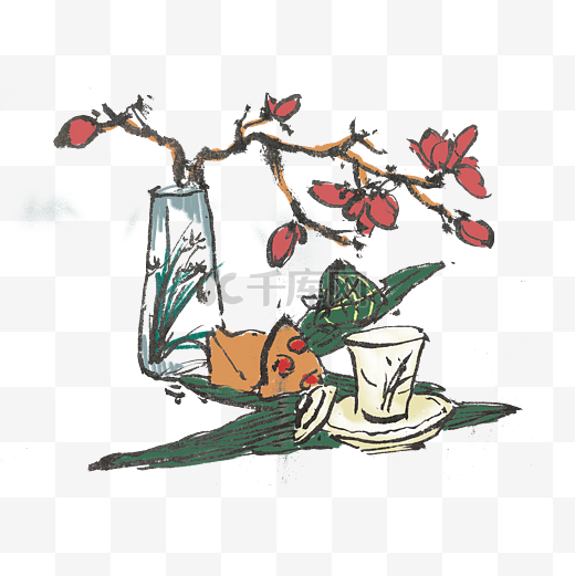 端午节吃粽子喝凉茶手绘插画图片