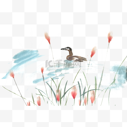 泛波湖面的鸭子水墨画PNG免抠素材图片