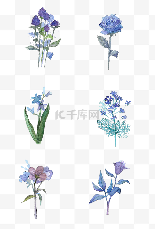 手绘水彩蓝紫色系花朵手捧花免扣综合图片
