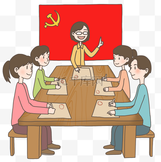 党员办公手绘插画党旗前开会图片