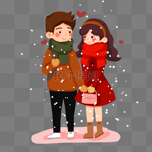 卡通人物情人节圣诞节情侣约会下雪步行牵手png格式图片
