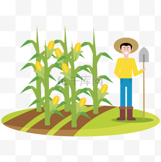 卡通矢量站在玉米地旁边拿铁锹的农民图片