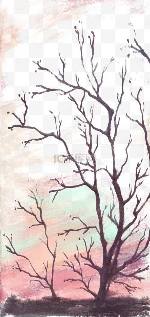 手绘水彩风夕阳下的树影PNG素材图片