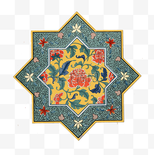 中式古典八角形明黄纹饰团花图片