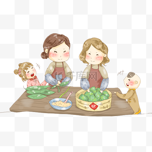 端午节一家人包粽子吃粽子温馨插画PNG图片