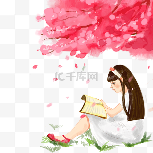 卡通树下读书的女孩下载图片