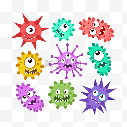 手绘病毒细菌微生物卡通形象设置图图片