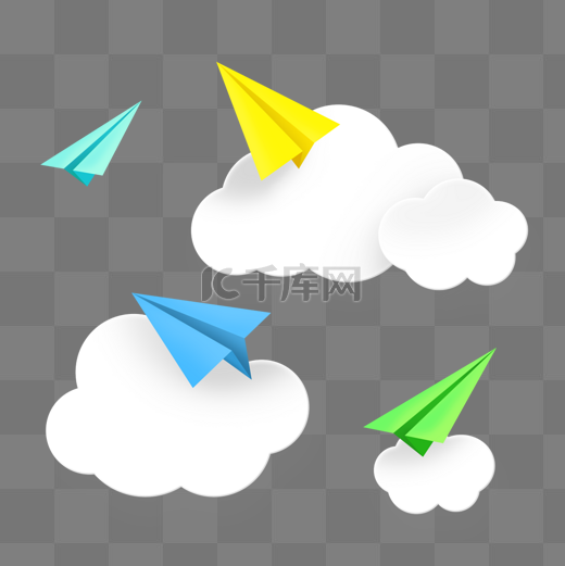 可爱简约白黄绿蓝色剪纸云朵纸飞机装饰图片
