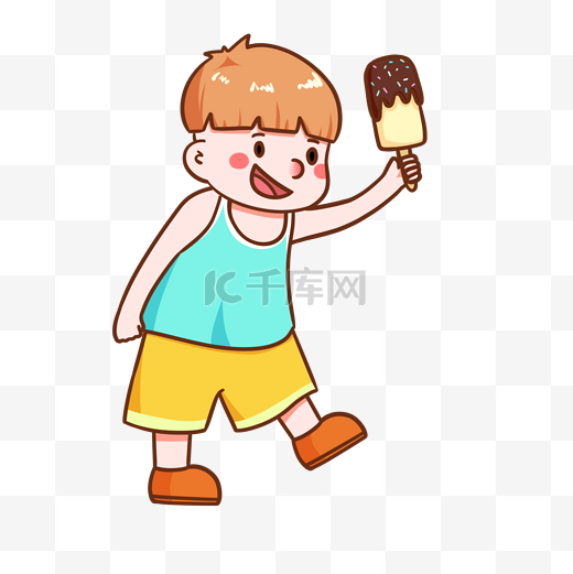 夏天吃冰淇淋的男孩手绘插画图片