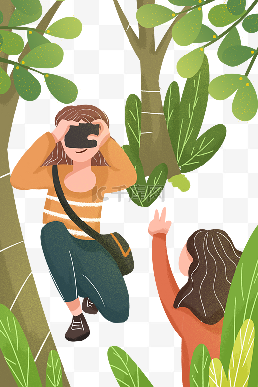 手绘卡通两个小女孩在树林里拍照元素图片
